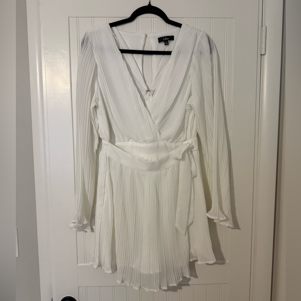 Lulu's White Pleated Wrap Long-Sleeve Dress/Romper